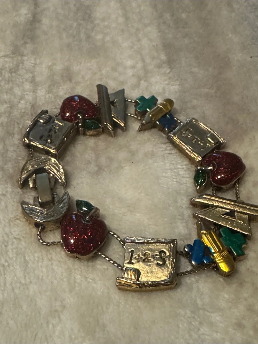 Vintage School-Themed Charm Bracelet with Glitter Apples